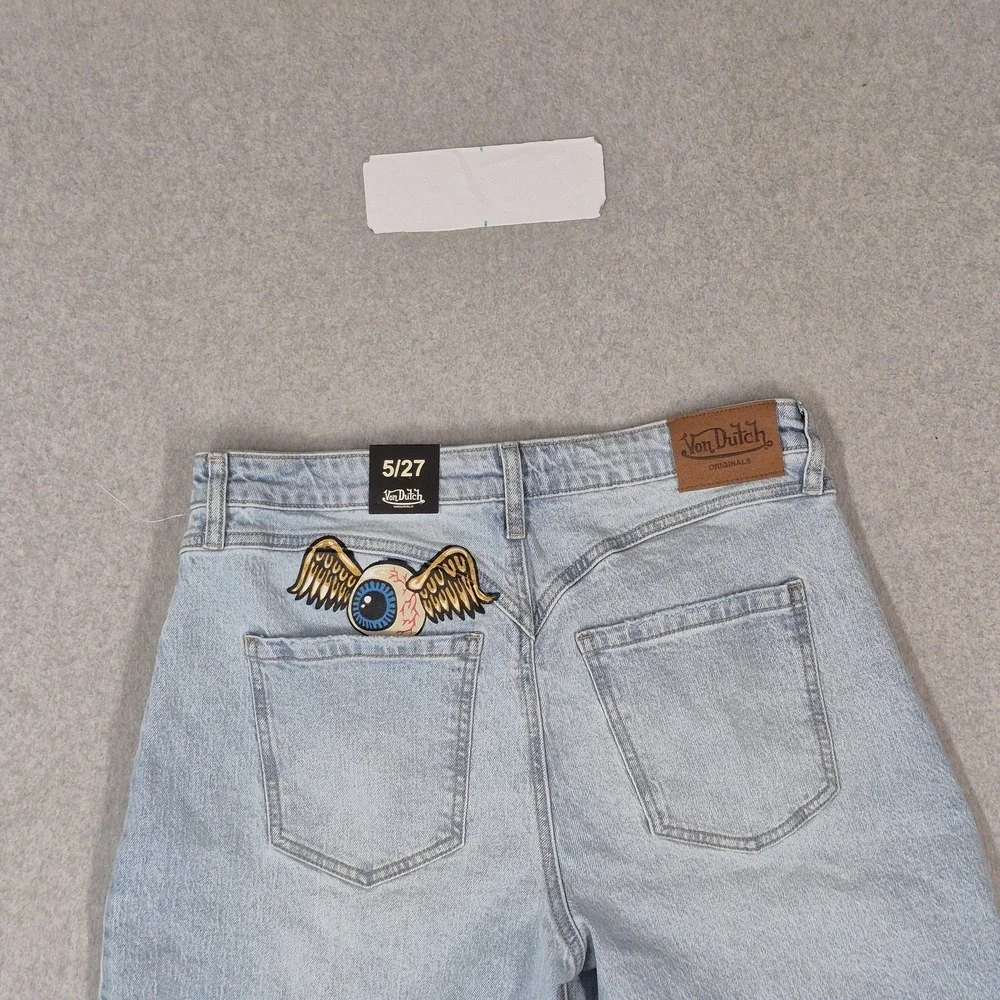 Von Dutch Women Shorts 5/27 Blue Denim Embroidered Grunge Y2K Baggy Skater NWT